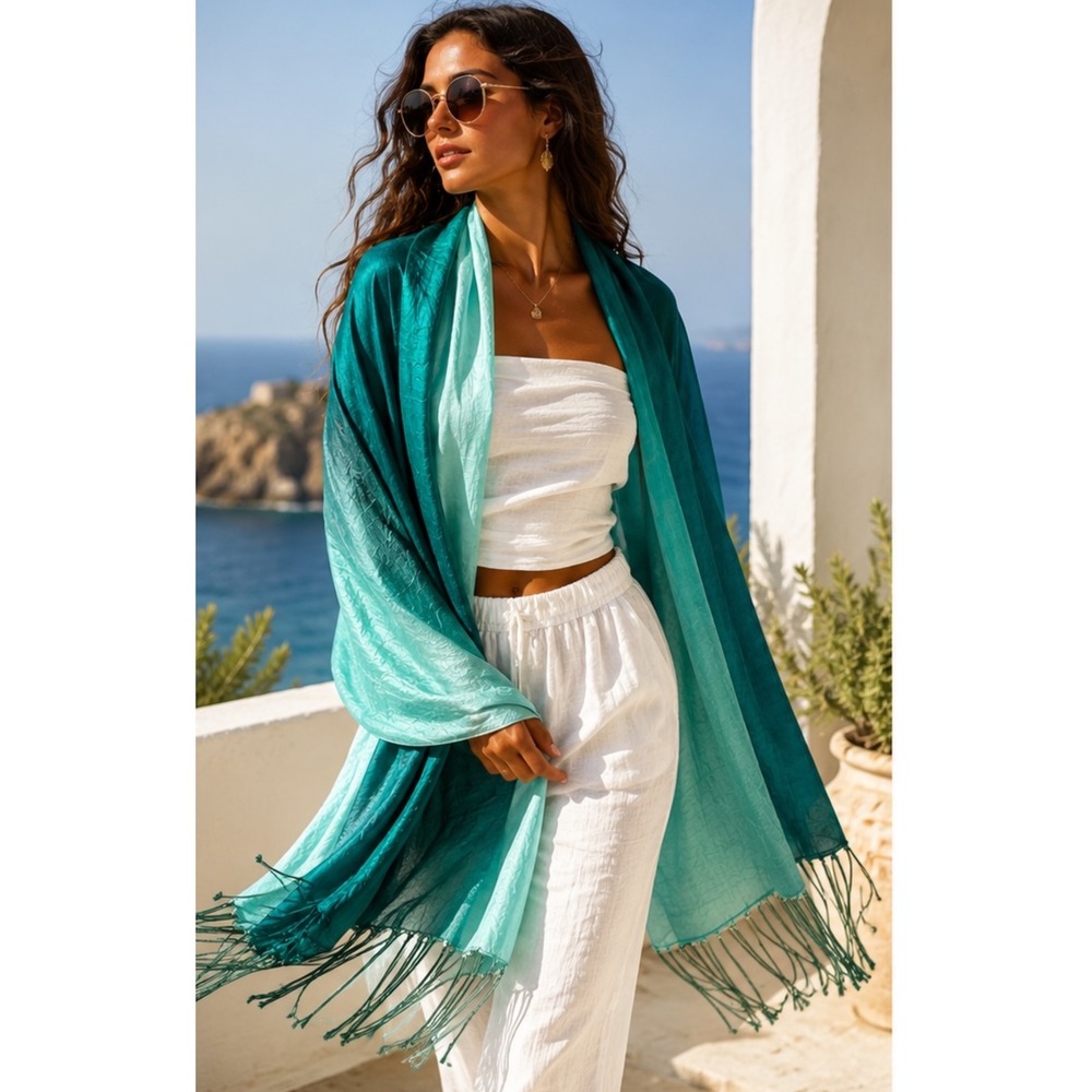 Green Teal Ombré Satin Scarf Fringe Wrap Boho Glam Shawl Jewel Tone India, 43x70